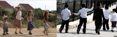 Religious-Zionist girls (L) and Haredi boys (R)