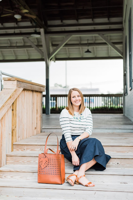 Navy Midi Skirt Outfit // Pugs and Pearls Blog