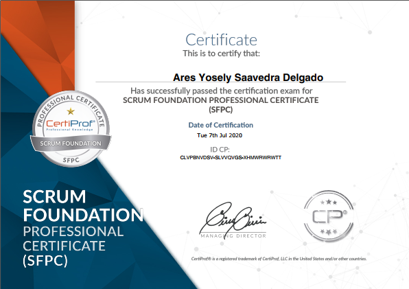 Certificado emitido por SCRUM FOUNDATION