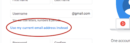 Portion of the account-creation screen with the link "use my current email address instead" circled in red