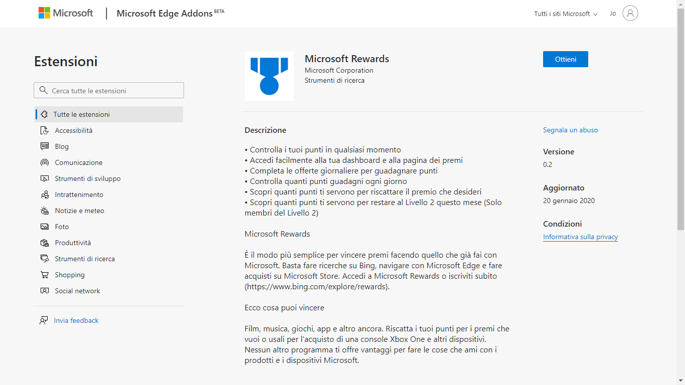 Download Microsoft Rewards, estensione per Edge Chromium