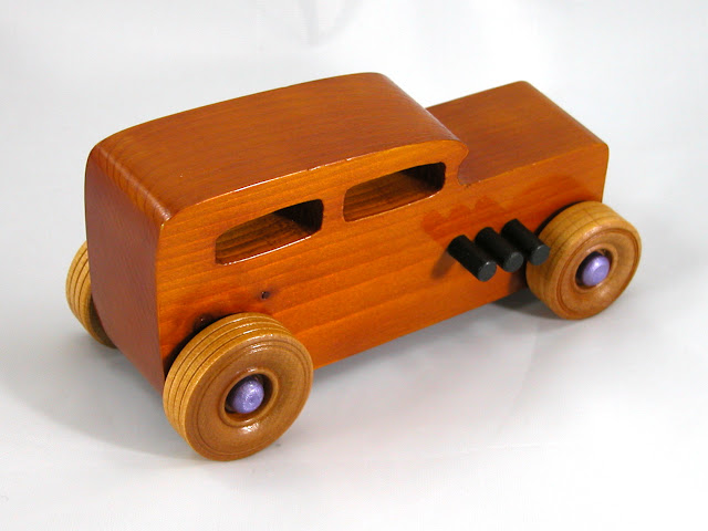 Handmade Wooden Toy Car, Hot Rod 1932 Ford Sedan, Amber Shellac with Metallic Purple and Black Trim