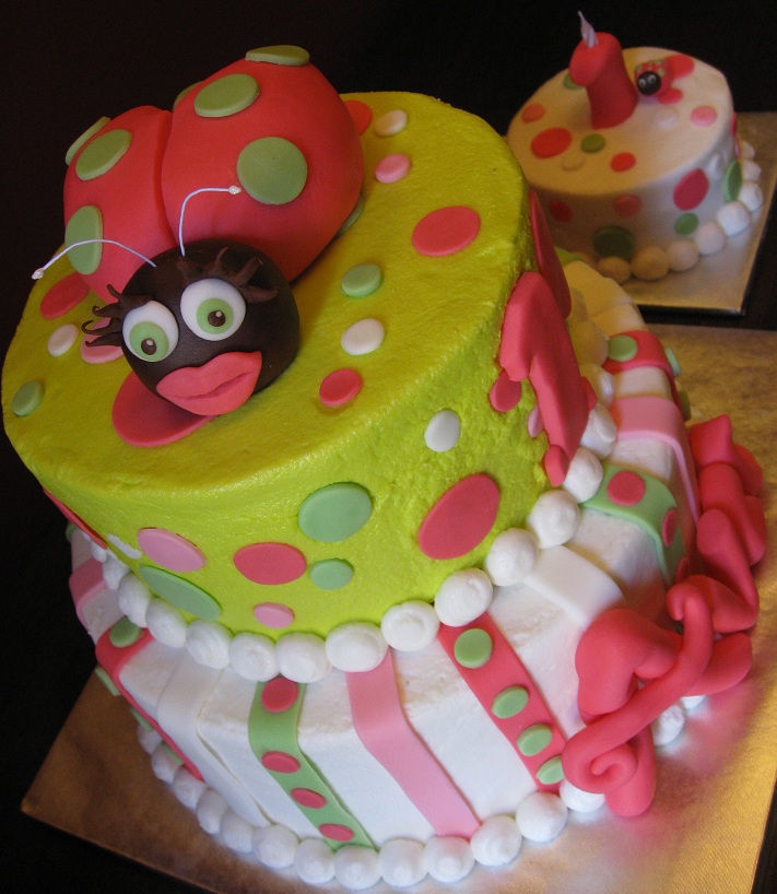 Hot Pink and Lime Green Ladybug Cake Posted by Katie 39s Cakes at 837 PM