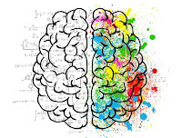 dibujo del cerebro. Hemisferio derecho con múltiples gotas de pintura de color. Hemisferio izquierdo con muchas fórmulas matemáticas