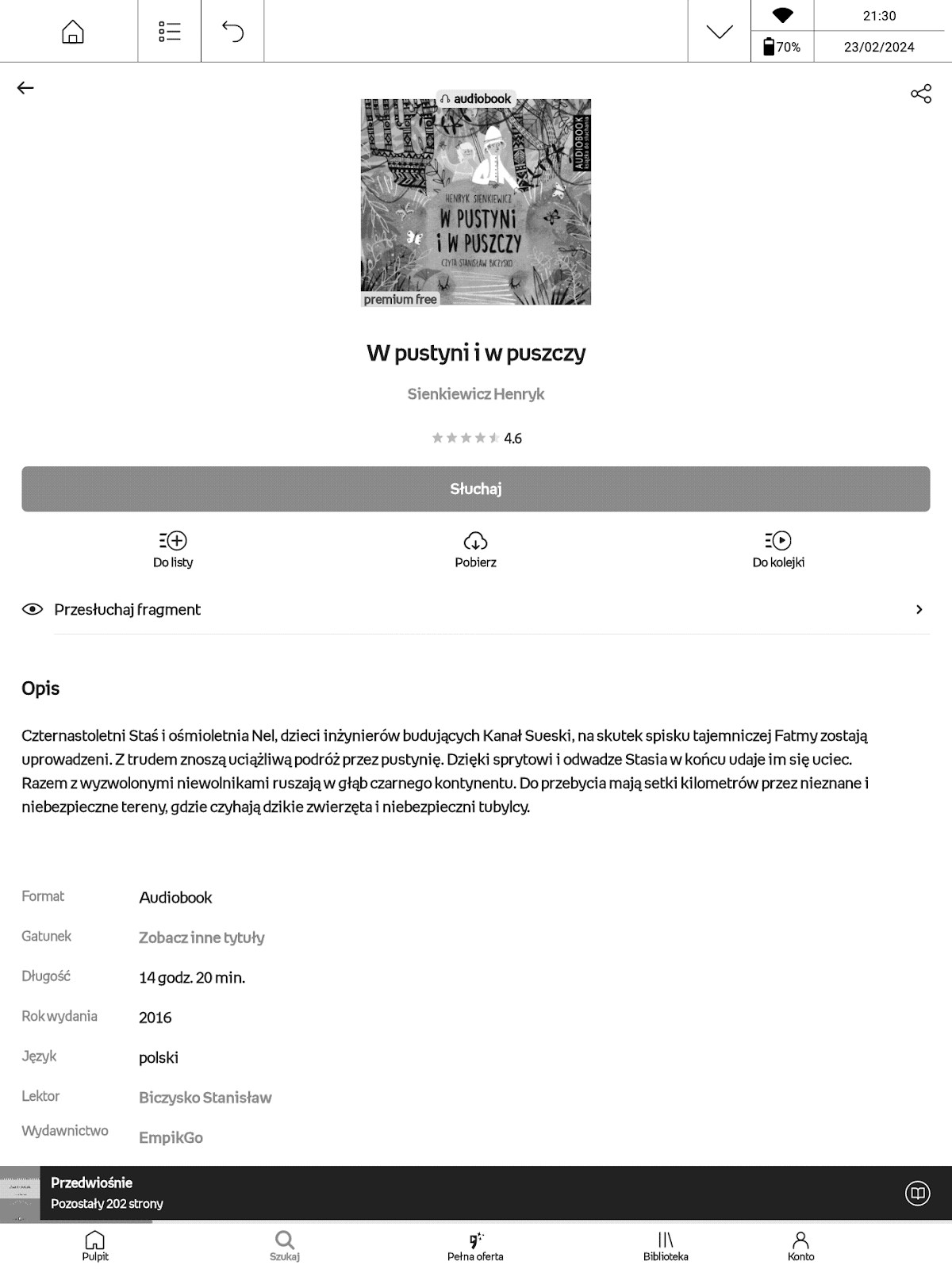 Opis audiobooka w aplikacji Empik Go na PocketBook InkPad X Pro