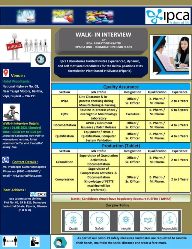 IPCA Labs | Walk-in interview for Production/QA on 1st Aug 2021