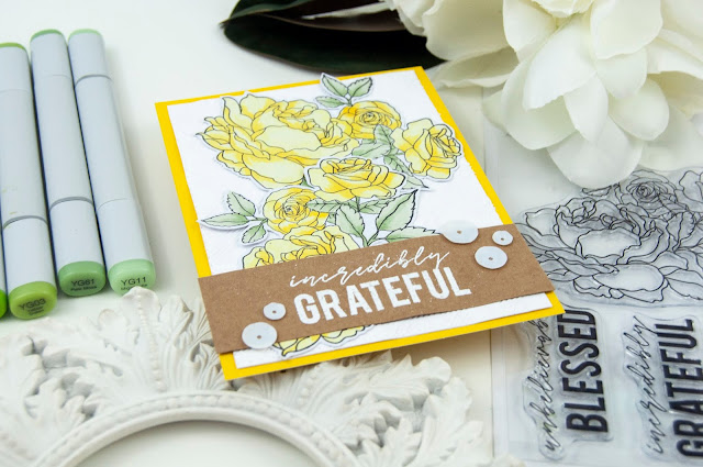 Grateful Copic Colored Rose Card by Jen Gallacher for www.jengallacher.com #kaisercraft #copicmarkers #card #stamping