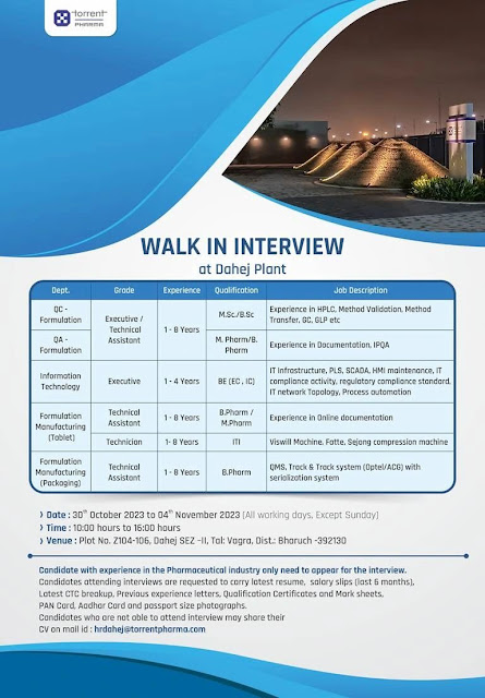 Torrent Pharma Walk In Interviews For QC/ QA/ IT/ Formulation Manufacturing/ Tablet/ Packaging