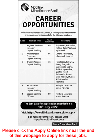 Mobilink Jazz Microfinance Bank Jobs 2022 July Apply Online Relationship Managers, Banking Officers and Others Latest Pkjobstrack Jobs