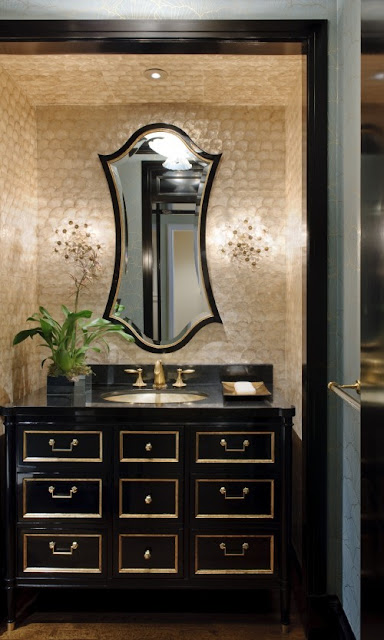 traditional bathroom black gold cabinet retro glam mirror