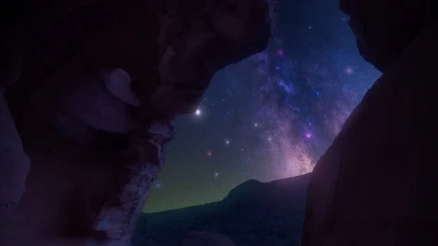 Night, Starry Sky, Nebula, Cave, Rocks