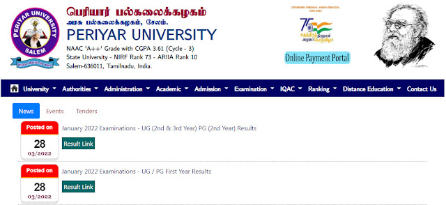 Periyar University UG PG Results 2022 of January
