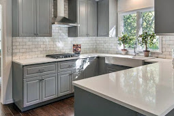 kitchen grey cabinets white countertops wood floor White contemporary
kitchen light maple floors grey countertops