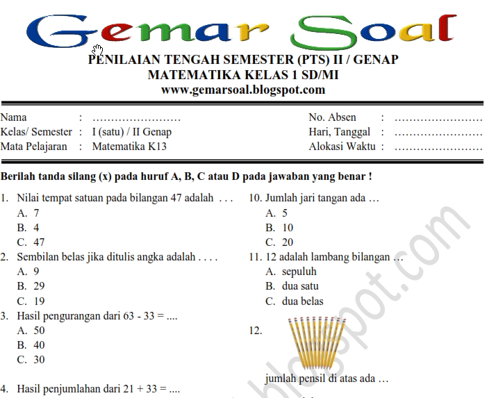 Soal PTS Matematika K13 Kelas 1 SD-MI dan Kunci Jawaban ...