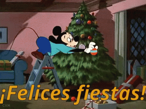 animación Mickey mouse haciendo árbol de navidad