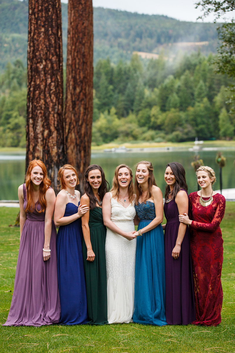 Jewel Toned Bridesmaids Dresses /Photography: Brooke Peterson Photography / Wedding Coordinator: Courtney of 114-West / Venue: Kootenai Lodge / Bride’s Bouquet: Mum’s Flowers / Bride’s Gown: J.Crew / Groom’s Tux: J.Crew / Makeup Artist: Britlee of Envy Salon & Spa /