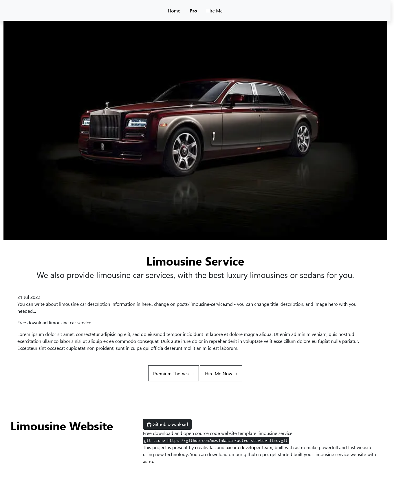 Limousine website template with astro free download source code