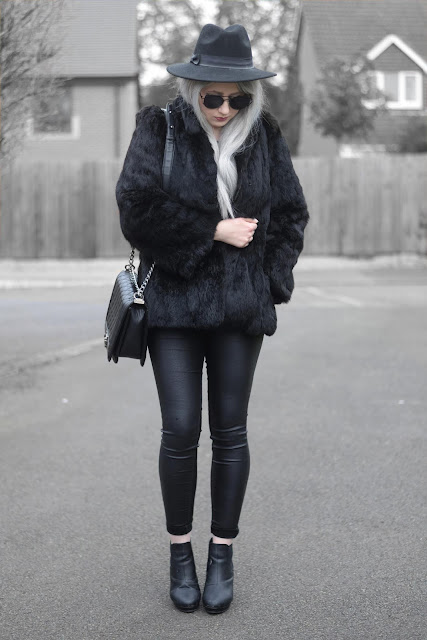 Sammi Jackson - Primark Fedora Hat / Zaful Sunglasses / Shein Faux Fur Coat / Chickaberry Boutique Ilsa Lace Top / Primark Lace Bralet / ASOS Double Buckled Belt / Primark Shiny Jeans / OASAP Quilted Flap Bag / Office Chunky Chelsea Boots 