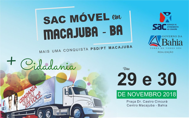 Aviso; SAC Móvel estará atendendo em Macajuba nos dias 29 e 30 de Novembro.