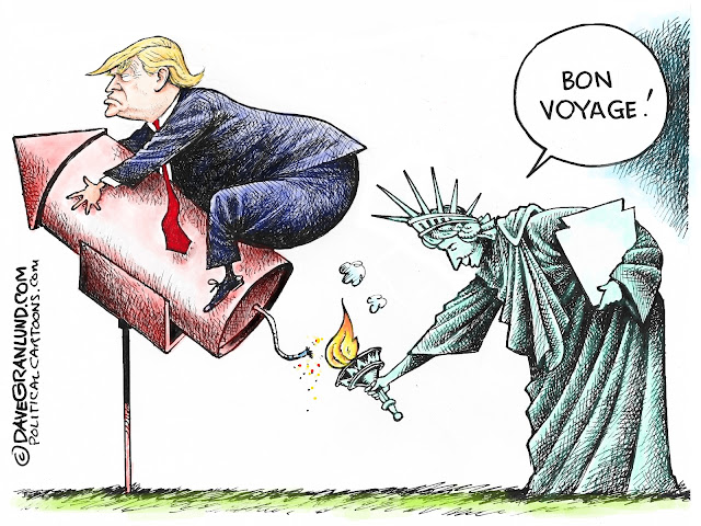 Trump on rocket lit by Lady Liberty