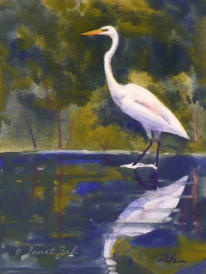 a great egret is reflected in the waters of a shallow pond