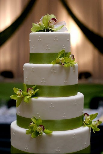 Swiss dots green orchids and ribbon wedding cake