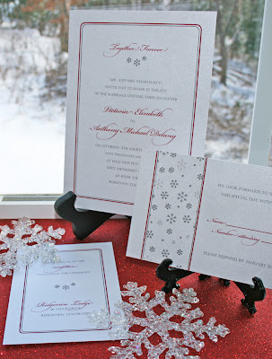 Snowflake Shimmer Wedding Invitation RSVP and Reception Card shown in Red