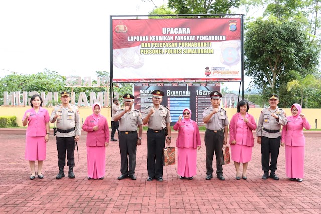 Kapolres Pimpin Upacara Pelepasan Purnabakti Dan Kenaikan Pangkat Pengabdian Personel Polres Simalungun