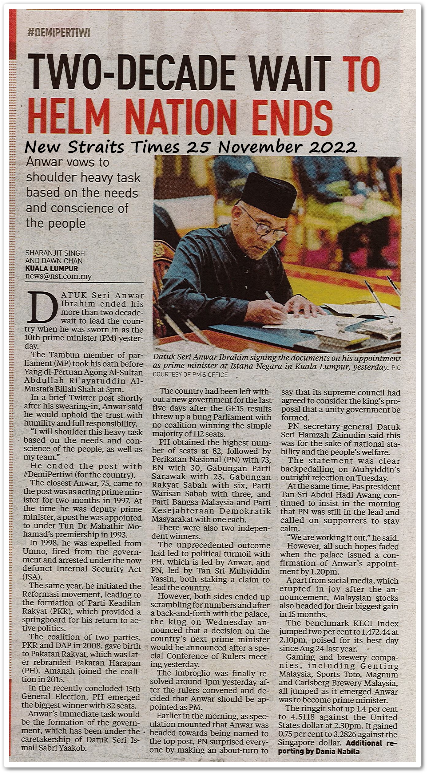 Two-decade wait to helm nation ends  - Keratan akhbar New Straits Times 25 November 2022