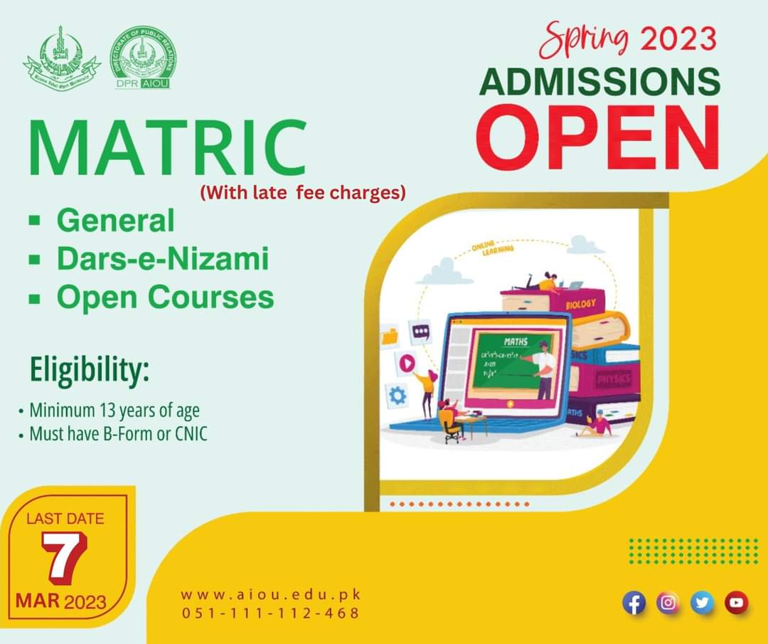 Matric & F.A Programmes (Last Date 7th March, 2023) with late fee.