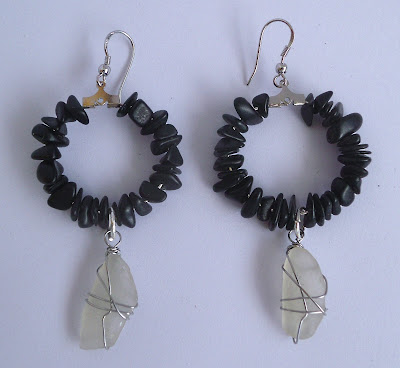 Handmade black stone and white seaglass hoop earrings