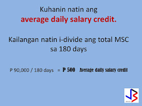  SSS members who become sick can claim for sickness benefits. However, the sickness benefit may vary depending on the monthly contribution of the member.   For your guide on SSS sickness benefit claim, you may refer to the information and example  below.     Sickness Benefit Computation The amount of a member's sickness benefit per day is equivalent to ninety percent (90%) of the member's average daily salary credit.      Benefit Computation:  1. Exclude the semester of sickness.    -A quarter refers to three consecutive months ending March, June, September or December.     -A semester refers to two consecutive quarters ending in the quarter of sickness.                           Example: An SSS member got sick for 20 days on the month of September 2012.     The quarter of sickness will include the months of July, August and September.    And the semester of sickness will be from April 2012 to September 2012. The semester of sickness will be excluded in the computation.    2. Count 12 months backwards starting from the month immediately before the semester of sickness.   3. Identify the six (6) highest MSCs within the 12-month period. Monthly salary credit (MSC) means the compensation base for contributions and benefits related to the total earnings for the month.    The maximum covered earnings or compensation is P16,000, effective January 1, 2014. Please refer to the following table:    Monthly salary credit salary credit means the compensation base for contributions and benefits related to the total earnings for the month.     4. Add the six (6) highest MSCs to get the total MSC.     5. Divide the total MSC by 180 days to get the ADSC.     6. Multiply the ADSC by ninety percent (90%) to get the daily sickness allowance.     7. Multiply the daily sickness allowance by the approved number of days to arrive at the amount of