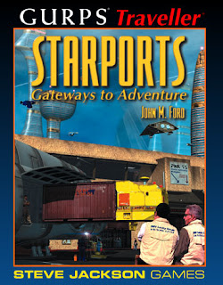 The cover of GURPS Traveller Starports showing a busy dock area. It's in the standard GURPS format.