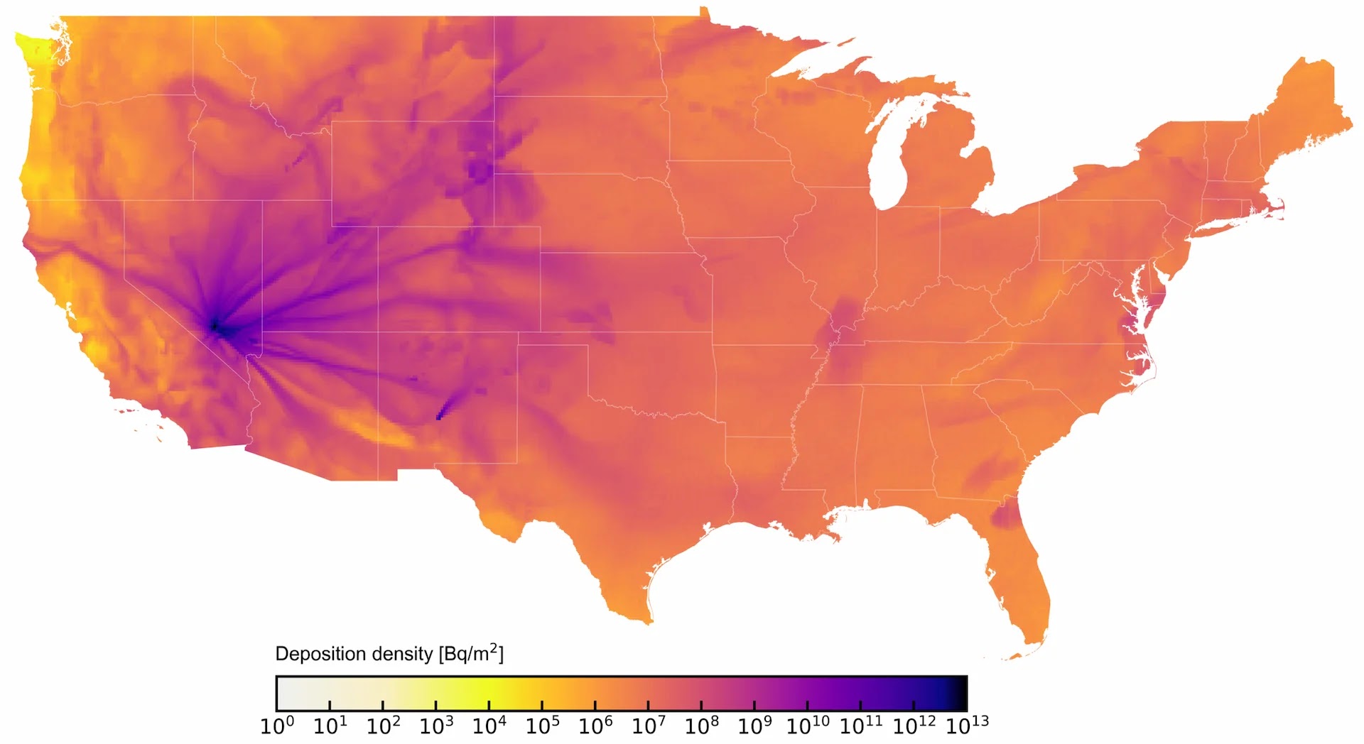 A map of radioactive material across the contiguous U.S. from the Trinity test in New Mexico