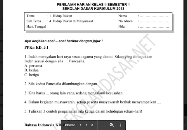 Soal Penilaian K-13 Kelas 2 Tema 1 Subtema 4