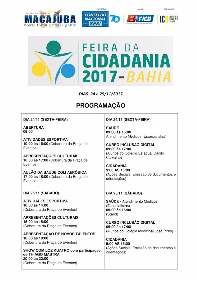 Programação Completa da Feira da Cidadania amanhã em Macajuba