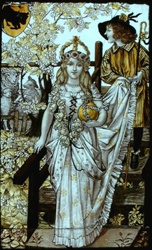 a May Queen depicted in a stained glass window