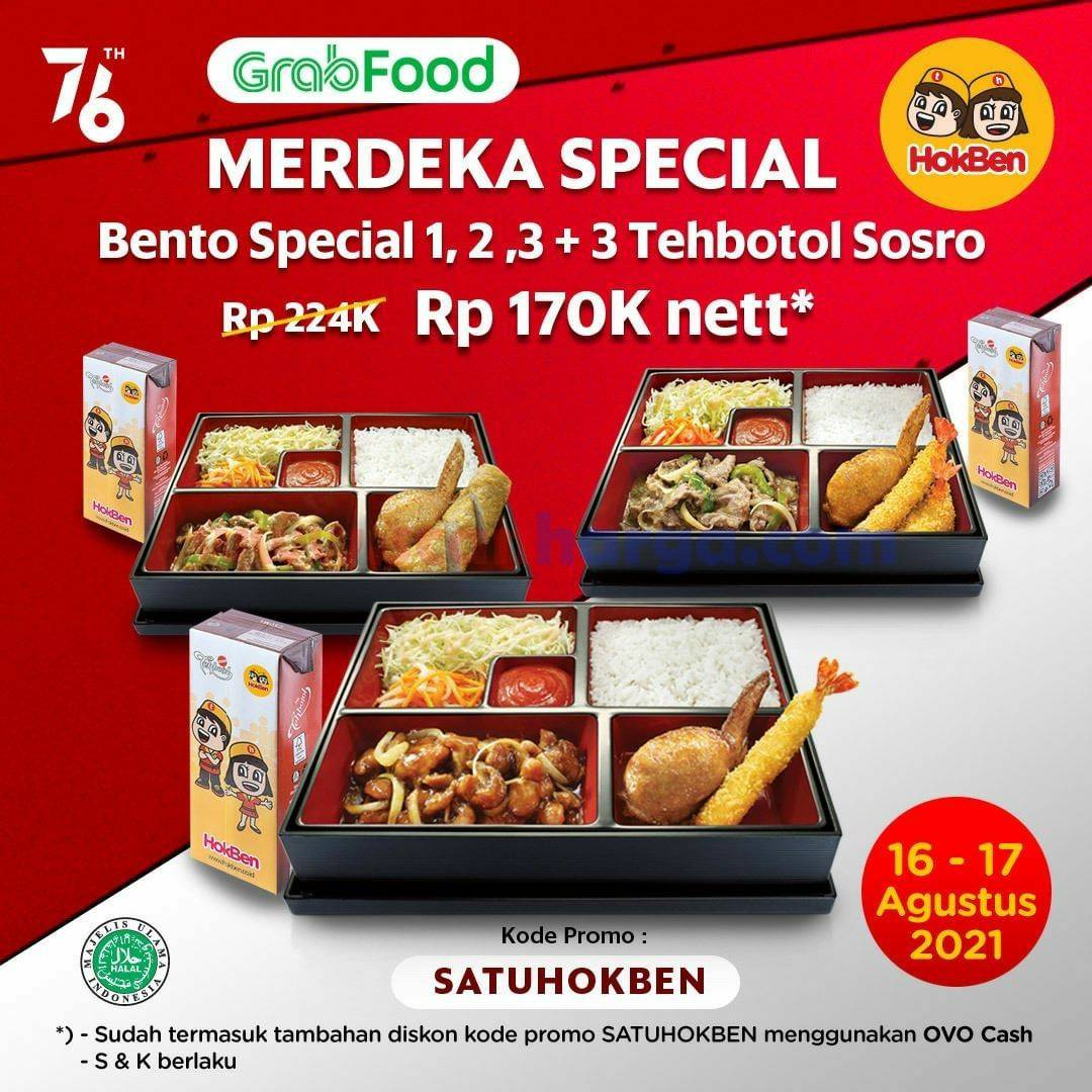 Promo HokBen Merdeka - Beli Bento Special 1+2+3 + 3 Tehbotol Sosro cuma 170K nett*