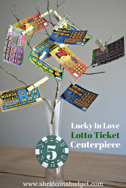 Planning a lucky in love themed wedding? Or maybe just love gambling? Put together these lucky in love lotto ticket centerpieces, plus get a free printable for the poker chip table numbers from www.abrideonabudget.com.