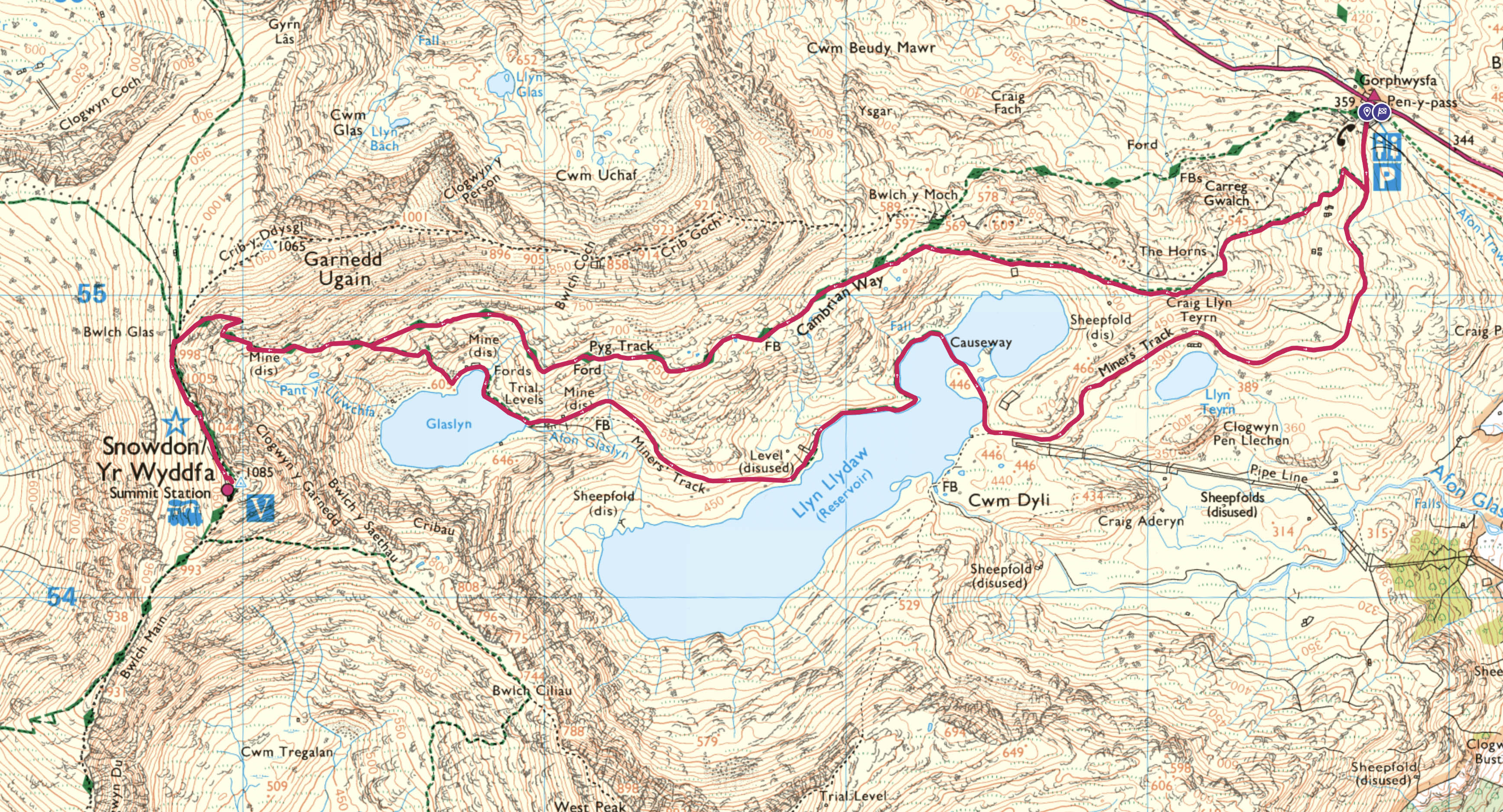 Mount Snowdon walk route map Wales best
