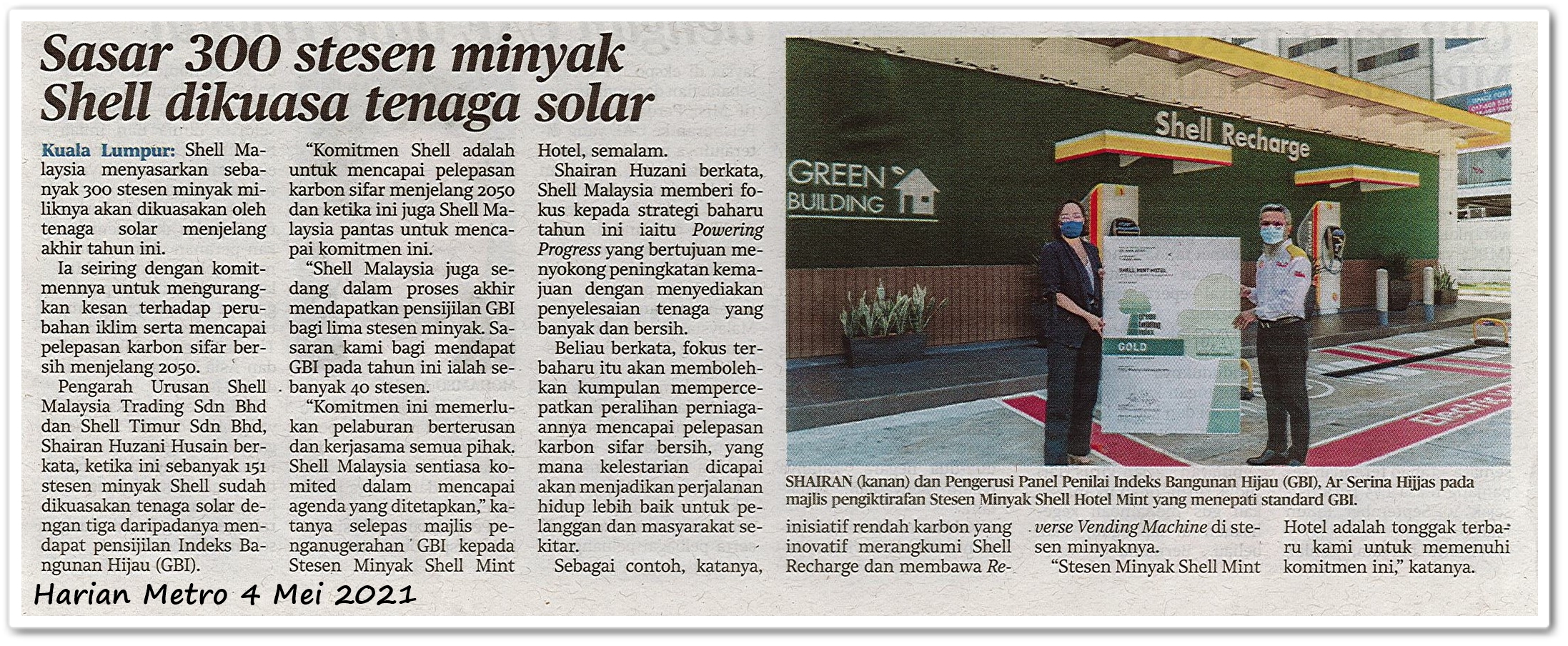 Sasar 300 stesen minyak Shell dikuasa tenaga solar - Keratan akhbar Harian Metro 4 Mei 2021