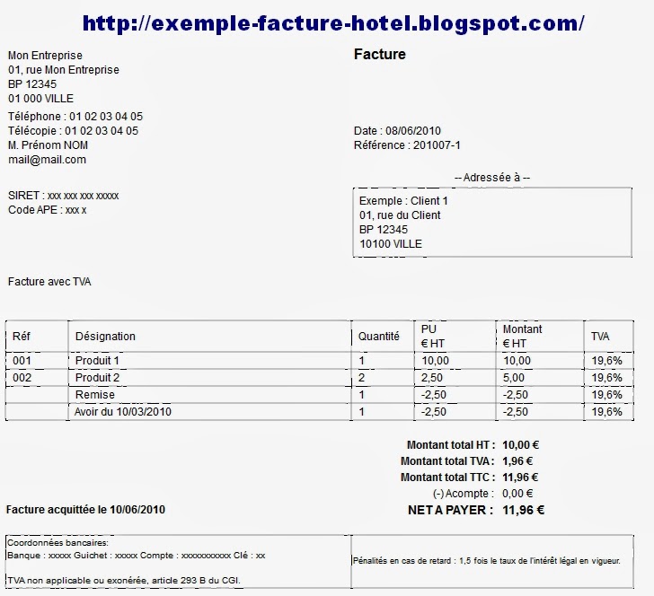 Exemple Facture Hotel Fevrier 2014