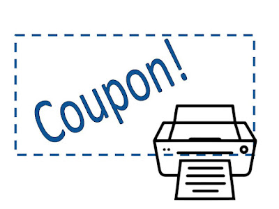 Printable Coupon image shows blue dashed rectangle outline with the word coupon at a 45 degree angle across the top left corner. a black outline of a printer is in the lower right corner.wi