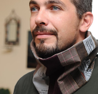  patched and striped masculine cowl or scarf, with pieces of newspaper print fabric