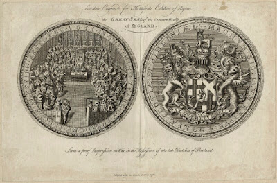 Grande selo da República da Inglaterra, Escócia e Irlanda (1655-59; desenho de John Goldar, 1785; imagem disponível na National Portrait Gallery).