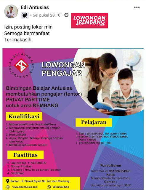 Lowongan Kerja Pegawai Pengajar Tentor Privat Part Time Bimbingan Belajar Antusias Rembang