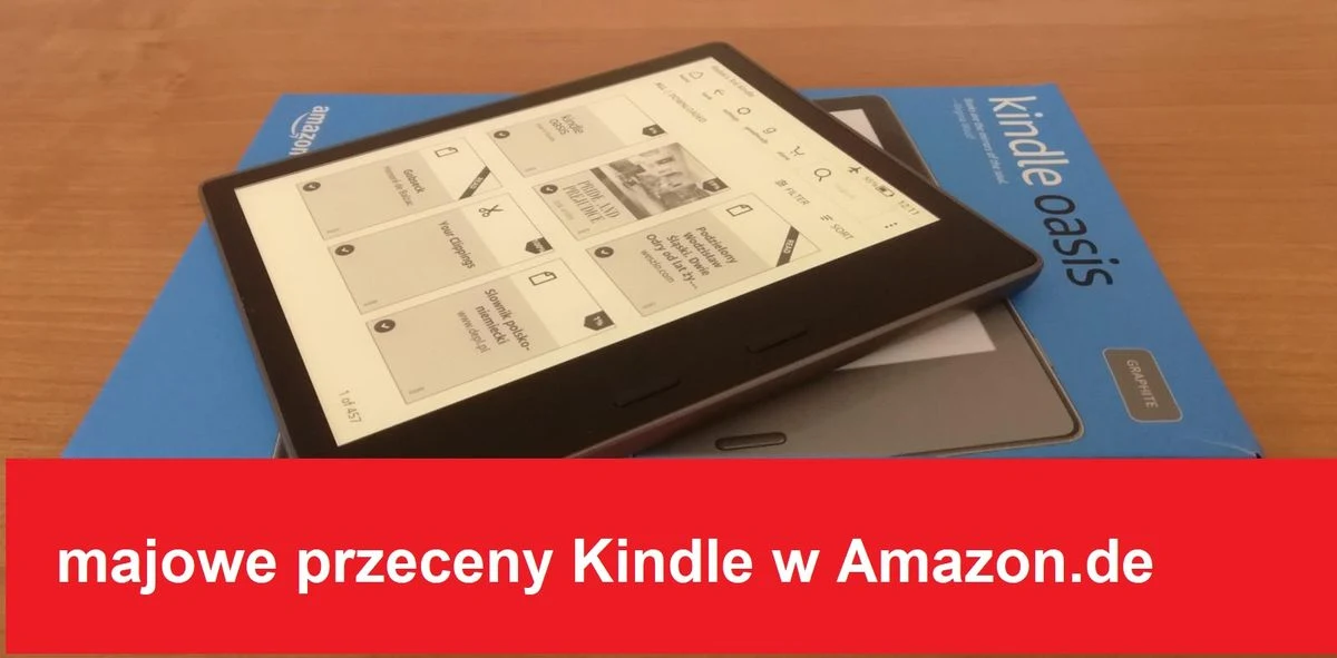 Kindle Oasis 3 położony na pudełu i napis: majowe przeceny Kindle na Amazon.de