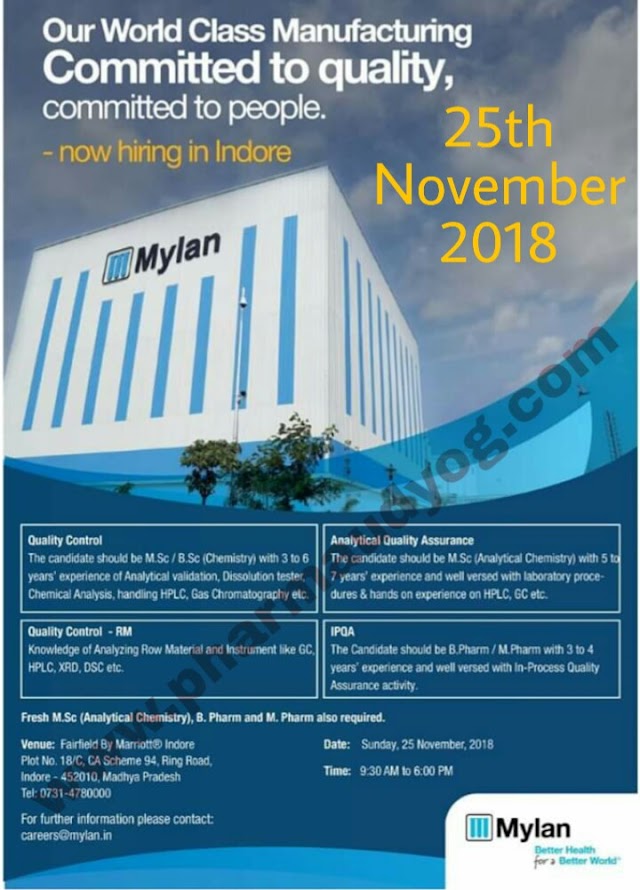 Mylan Laboratories | Walk-In Interview For Multiple Positions | 25 November 2018 | Indore