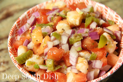 A fresh salsa of tomatoes, red onion, jalapeño, cilantro and lime, tossed with freshly poached wild American shrimp. Serve as a garnish to grilled foods, fish, on tacos, as a topping or as an appetizer with some sturdy tortilla chips.