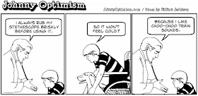 johnny optimism, johnnyoptimism, stilton jarlsberg, sick jokes, medical, humor, cartoon, doctor jokes, stethescope